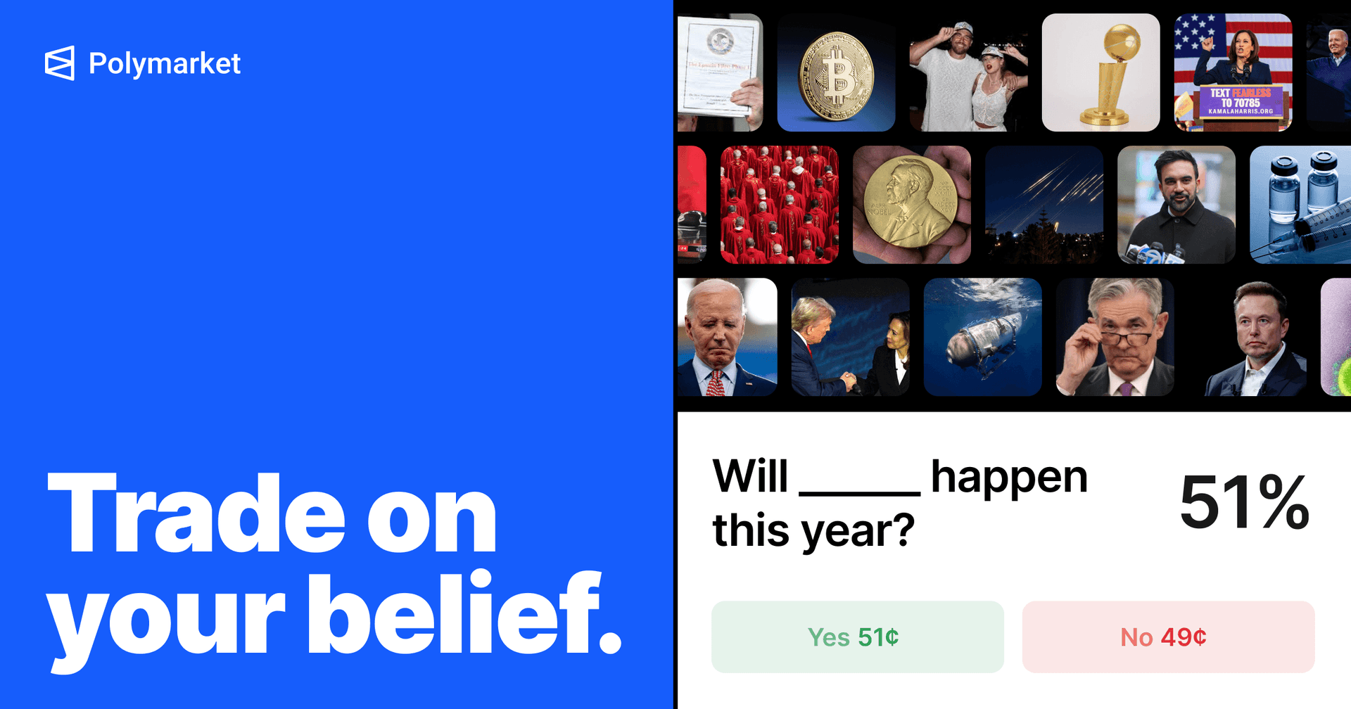 Polymarket's prediction-market artwork showing event topics and yes or no outcome pricing