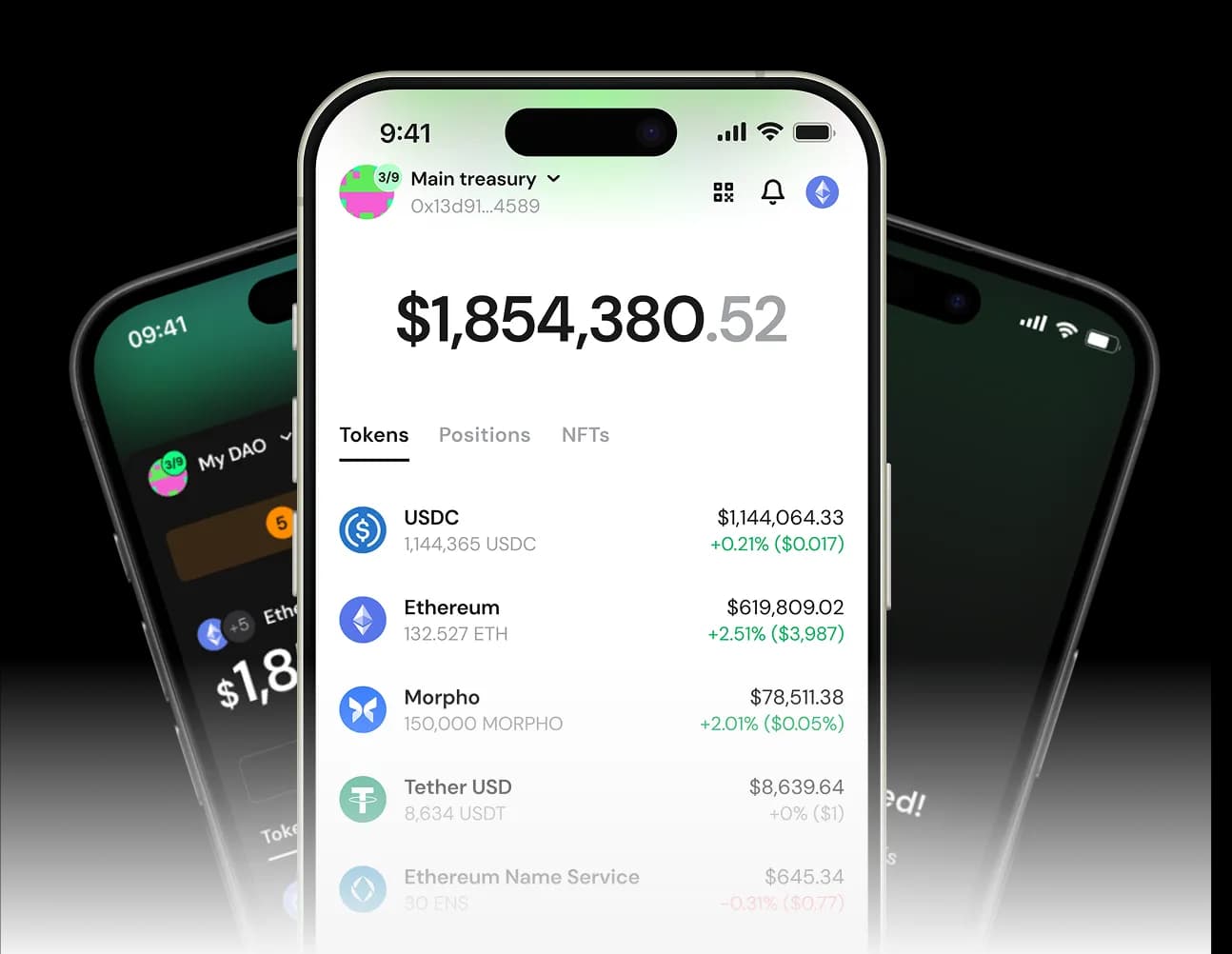 Safe Wallet's mobile app displaying token holdings and a multisignature account