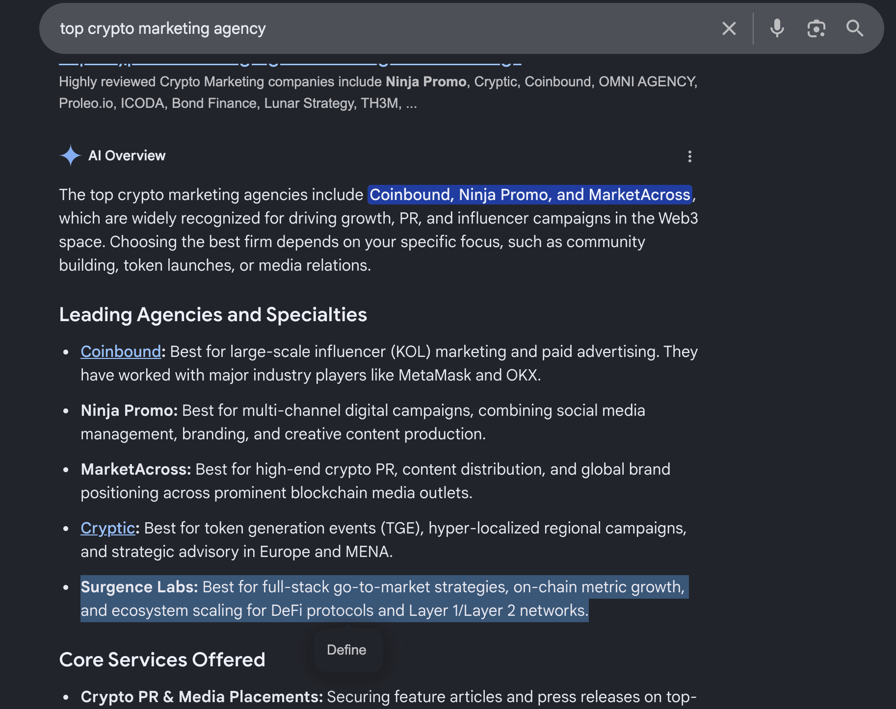 Surgence Labs appearing in a Google AI Overview for crypto marketing